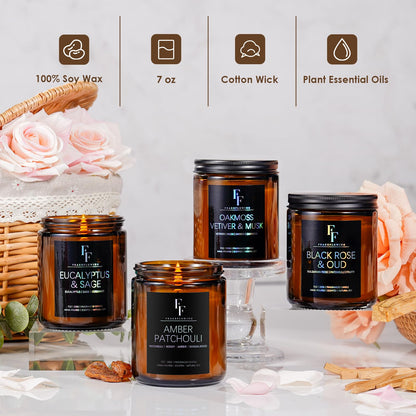 Black Rose & Oud Scented Candles – 7oz Soy Wax Jar | Aromatherapy Gift for Women & Men