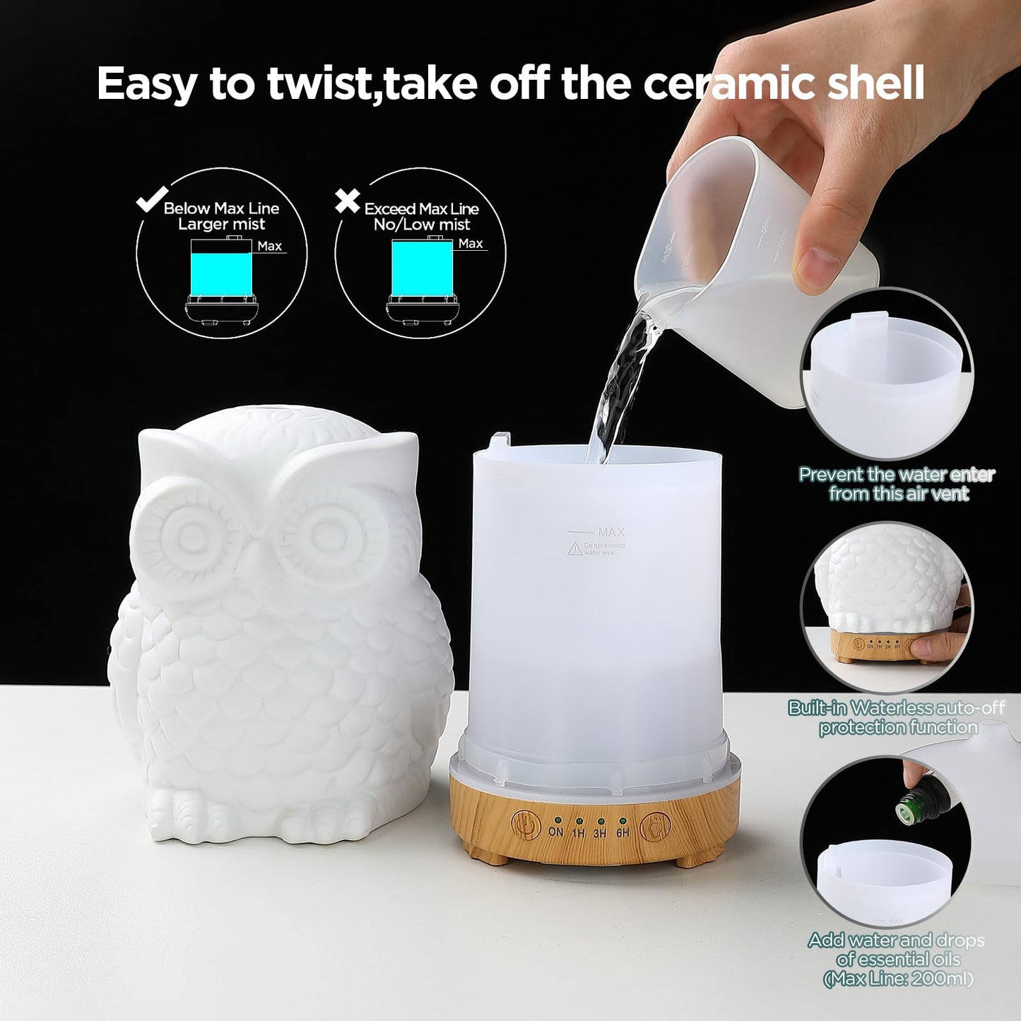 Owl Ceramic Aromatherapy Diffuser 160ml – INRORANS Ultrasonic Stone Owl Night Light