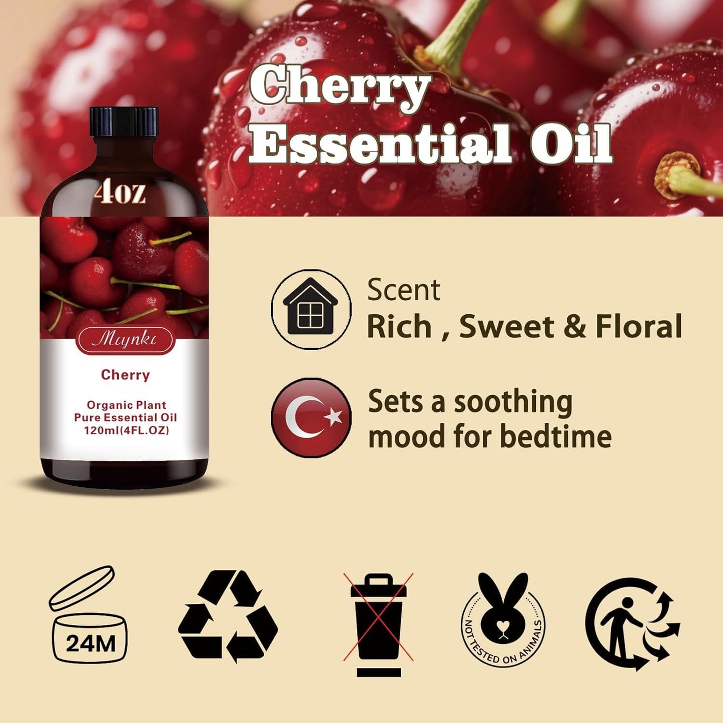 Cherry Essential Oil - 4.33oz / 130ml | Pure Cherry Fragrance for Diffusers, Candles, Soap & Aromatherapy