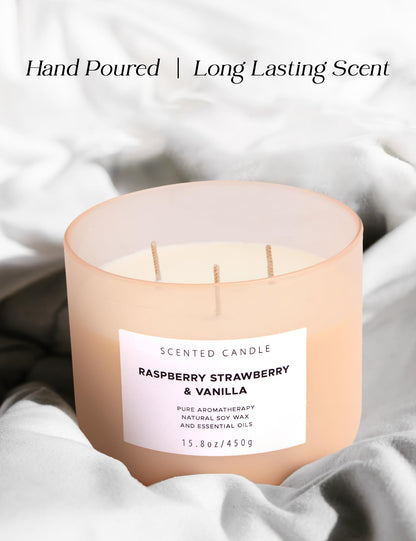 Raspberry Strawberry Vanilla 3-Wick Soy Candle – 15.8 oz | Long-Lasting Aromatherapy with Strong Throw
