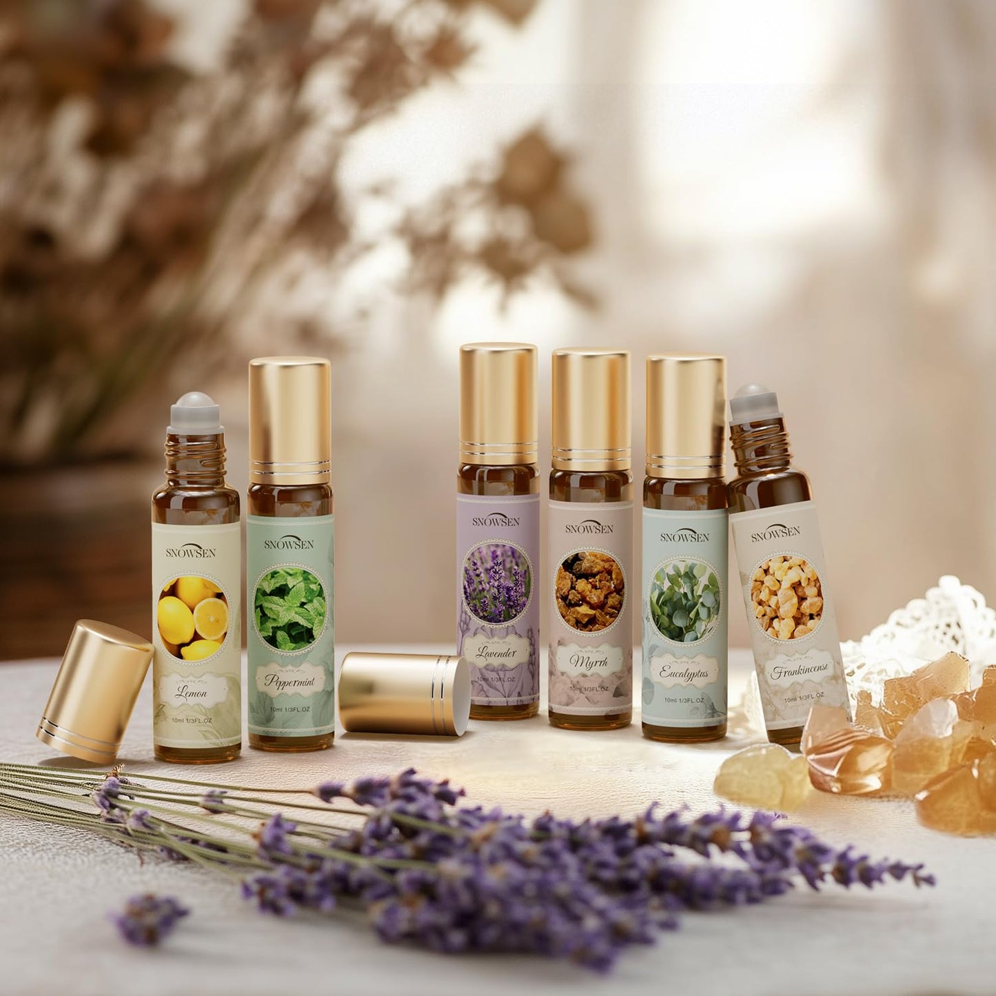 Essential Oils Roll-On Set – 6x10ml Aromatherapy Oils (Lavender, Peppermint, Frankincense, Eucalyptus, Lemon, Myrrh)
