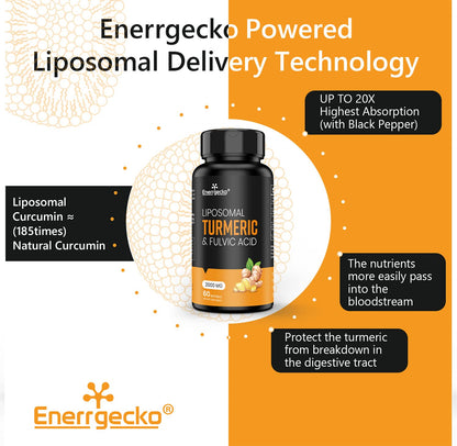 Enerrgecko 2000 mg Liposomal Turmeric Curcumin Softgels - Black Pepper & Ginger, Fulvic & Humic Acids, 3-Month Supply