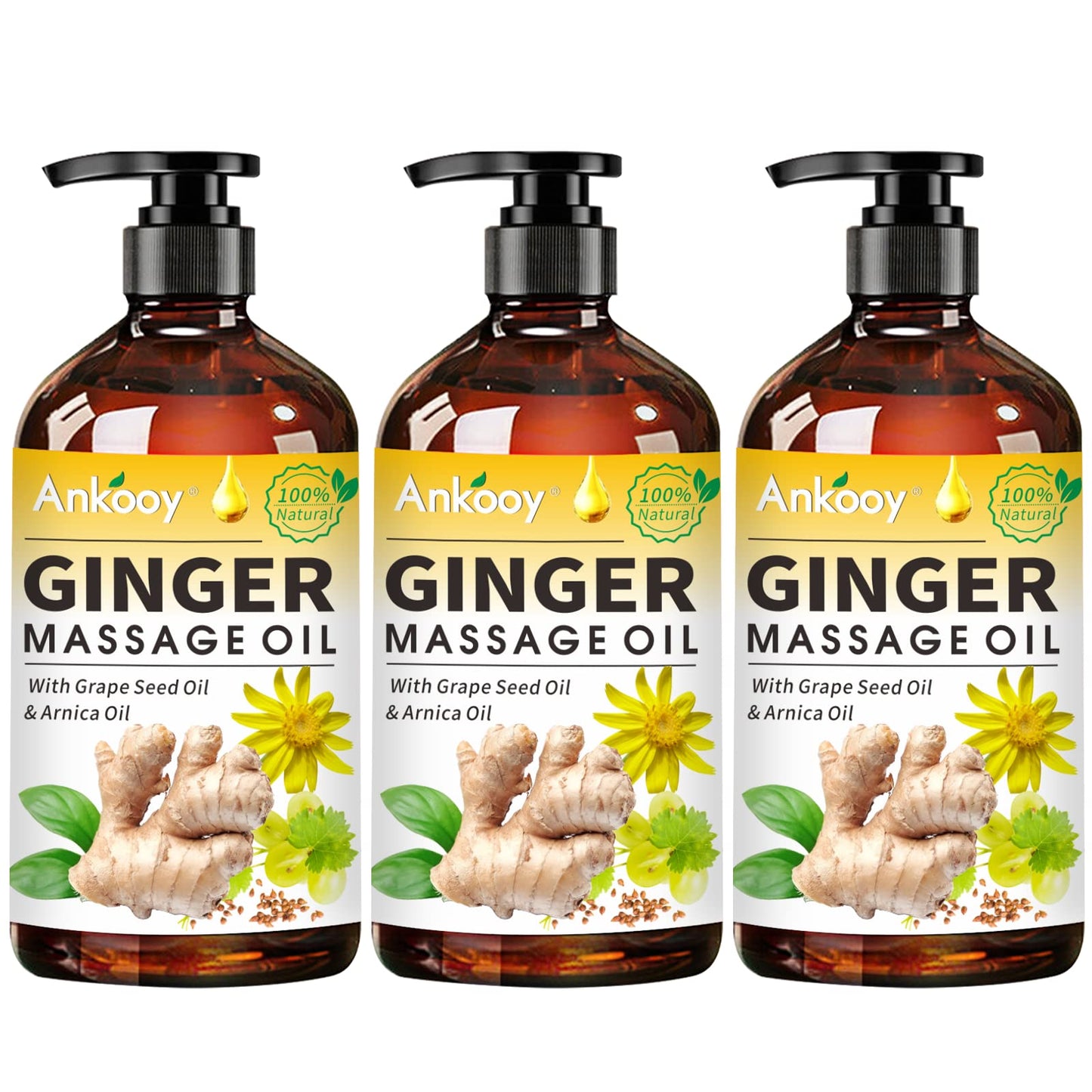3 Pack Ginger Massage Oil – Arnica, Vitamin E & Grape Seed | Lymphatic Drainage | 100% Natural Ginger