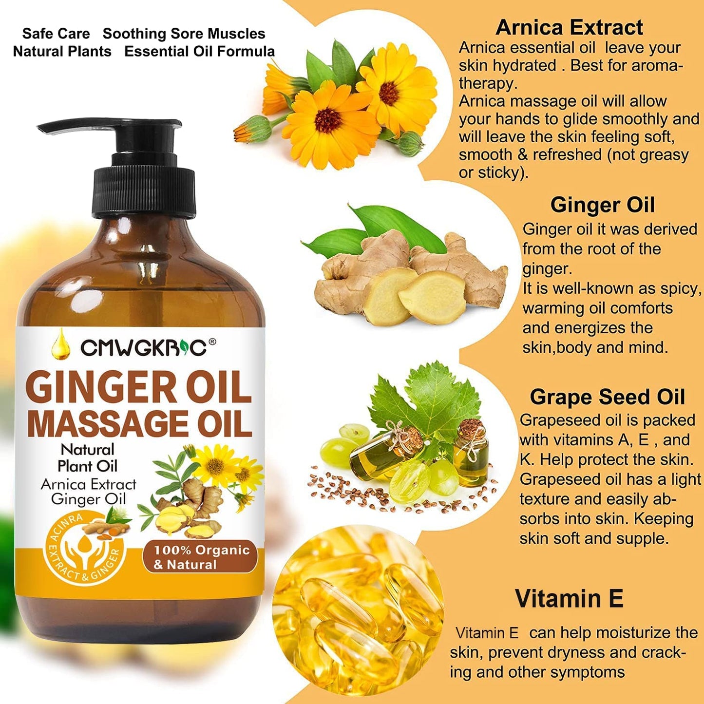 Ginger Massage Oil for Lymphatic Drainage | Natural Body Oil | Arnica & Sore Muscle Relief