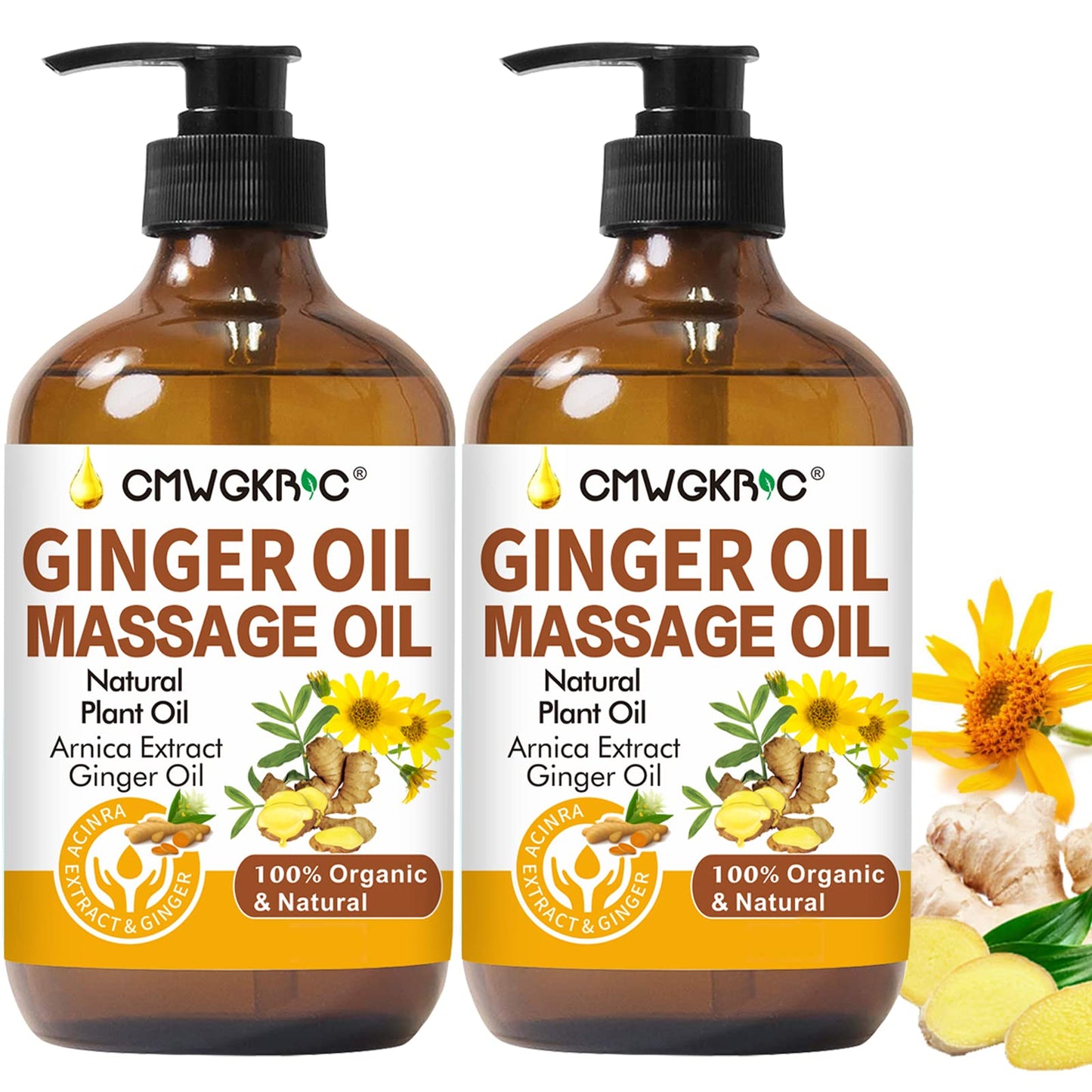 2 Pack Ginger Oil for Massage Therapy - Lymphatic Drainage & Sore Muscle Relief