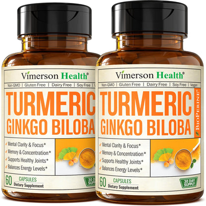 Vimerson Health Ginkgo Biloba & Turmeric Curcumin Supplement with Black Pepper – Focus, Memory & Joint Support – Vegan 2-Pack
