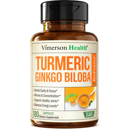 Vimerson Health Ginkgo Biloba & Turmeric Curcumin with Black Pepper – 180 Vegan Capsules