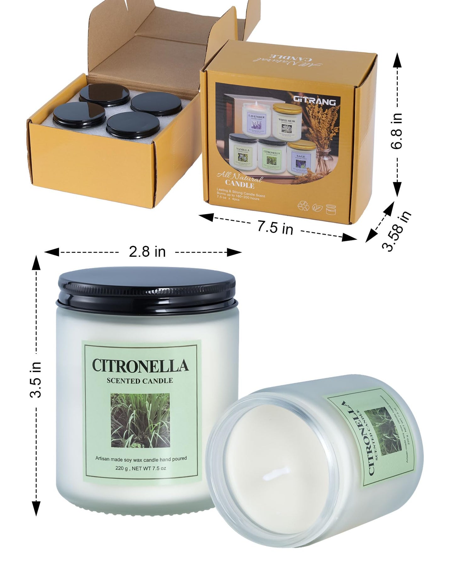 GITRANG 4 Pack Citronella Candles – 30 oz Total, 200+ Hours, Indoor & Outdoor Aromatherapy