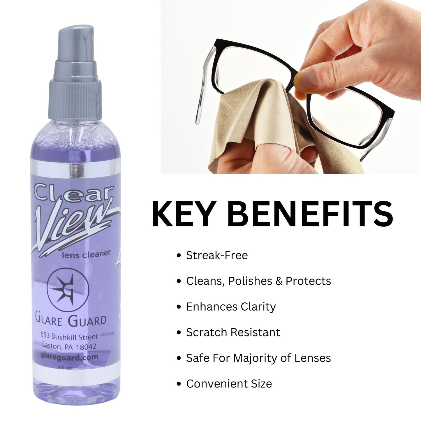 Glare Guard Clear View Lens Cleaner - Anti-Streak & Anti-Static 4oz