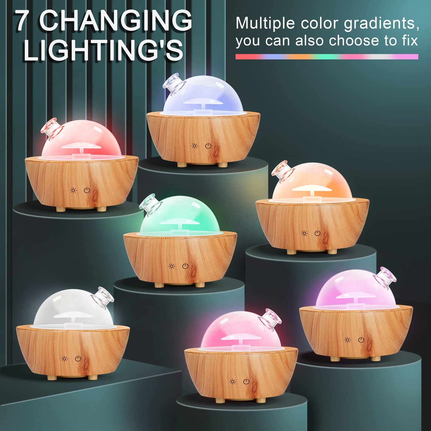 Glass Essential Oil Diffuser with Wood Grain Base, 280ml | 7-Color LED, Auto-Off