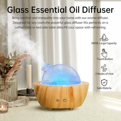 Glass Essential Oil Diffuser with Wood Grain Base, 280ml | 7-Color LED, Auto-Off