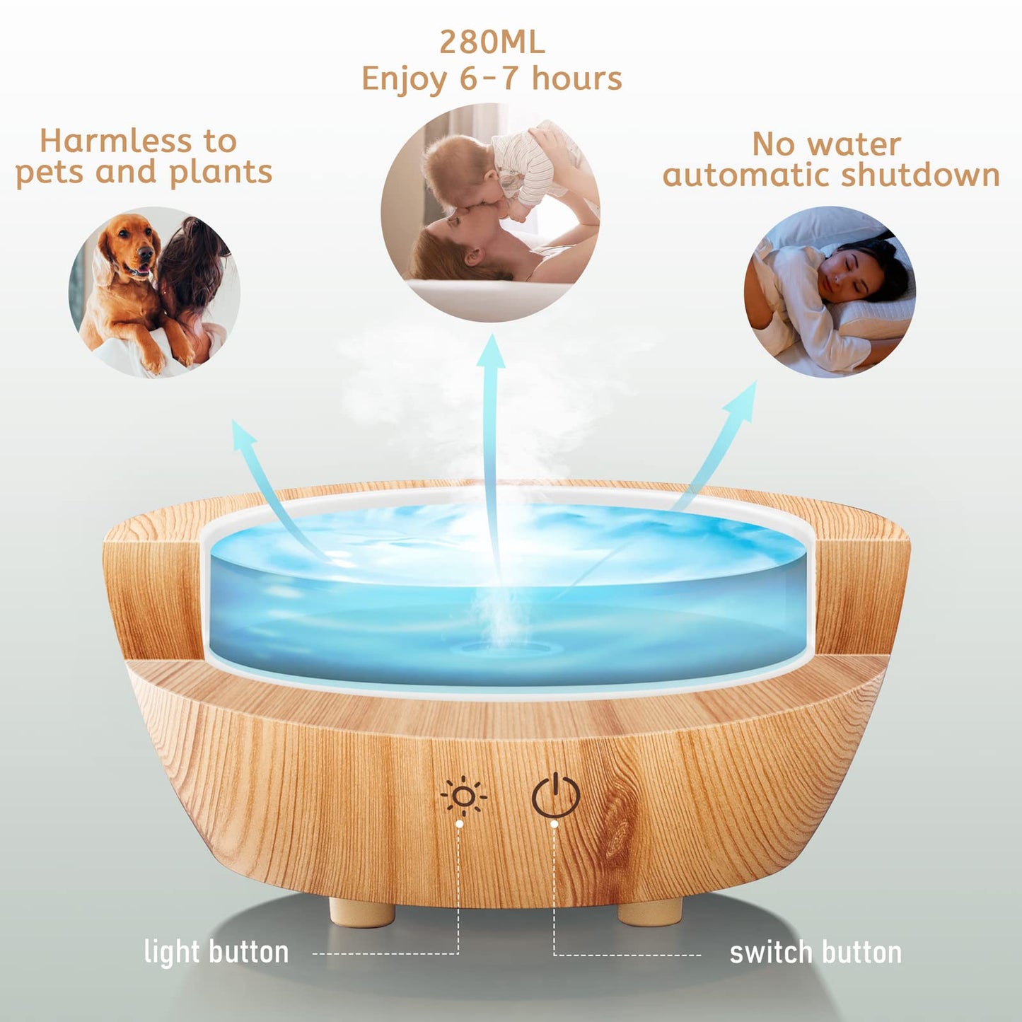 Glass Essential Oil Diffuser with Wood Grain Base, 280ml | 7-Color LED, Auto-Off