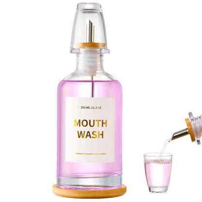Glass Mouthwash Dispenser for Bathroom – 11.8oz, Stainless Steel Spouts, Bamboo Holder