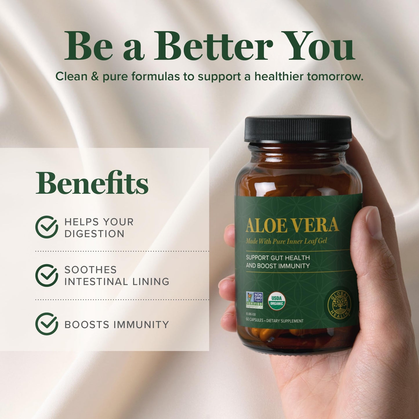Global Healing Aloe Vera Bio-Active 200x Concentrate – Aloin-Free, 60 Capsules