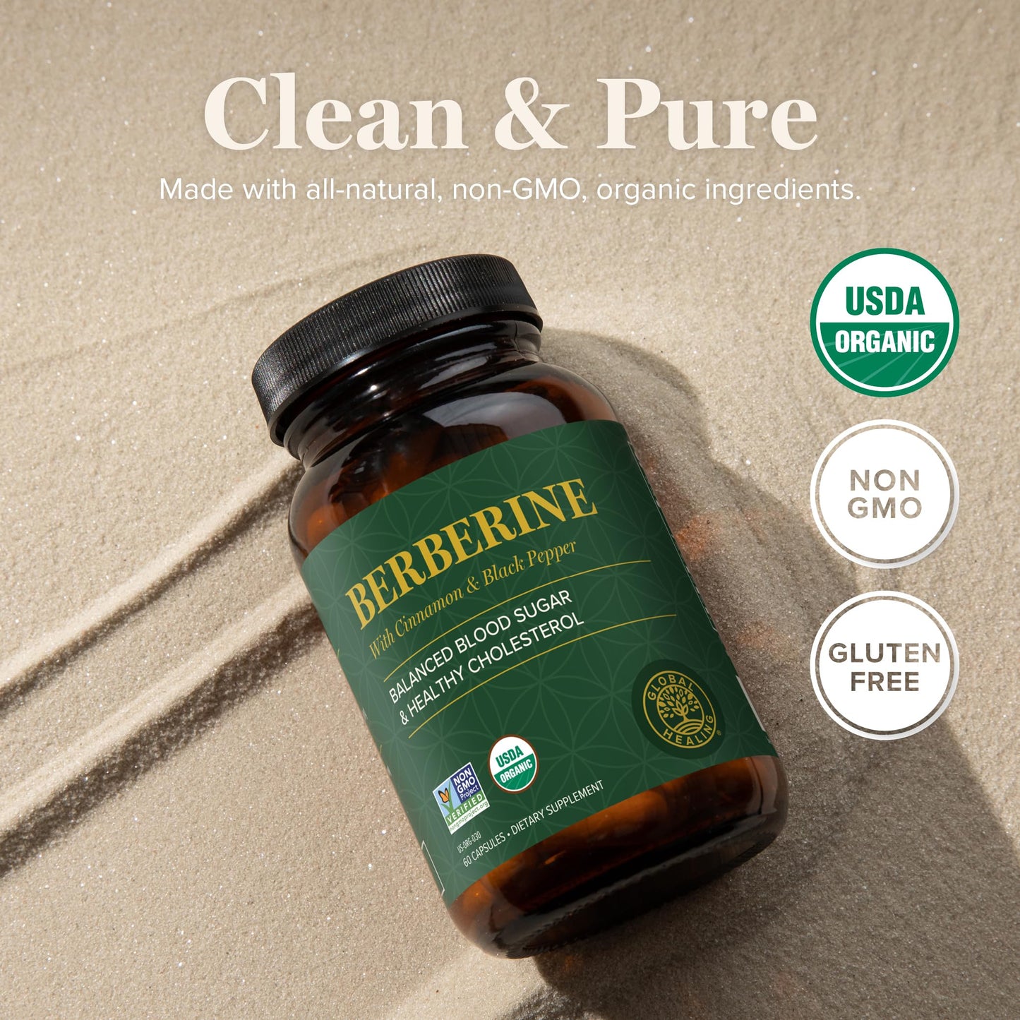 Global Healing Center Organic Berberine 1200mg with Cinnamon & Black Pepper – 60 Capsules
