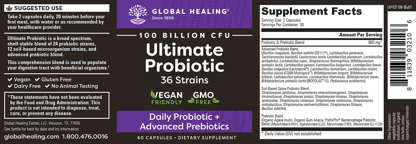 Global Healing Center Ultimate Probiotic Blend with Prebiotics — 100 Billion CFU, 60 Capsules