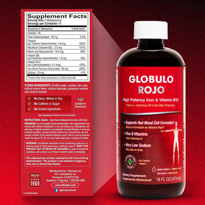 Globulo Rojo Iron Supplement – High-Potency Vegan Liquid Iron + B Vitamins, 16 Oz