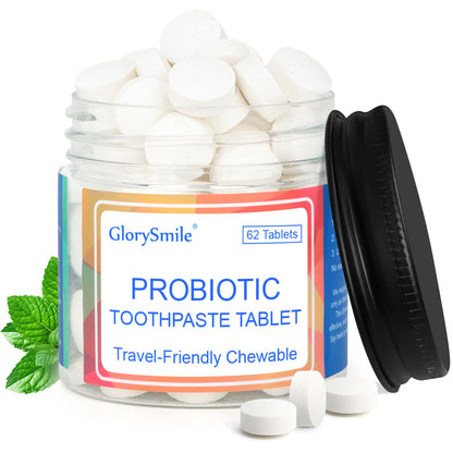 GlorySmile Toothpaste Tablets – Nano Hydroxyapatite with Probiotics, Fluoride-Free, Plastic-Free, Mint – 62ct Eco & Travel Friendly