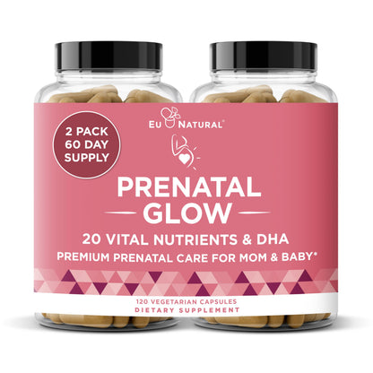 Glow Prenatal Vitamins for Women by Eu Natural – 20-in-1 DHA & Folic Acid, Vegetarian, 120 Capsules
