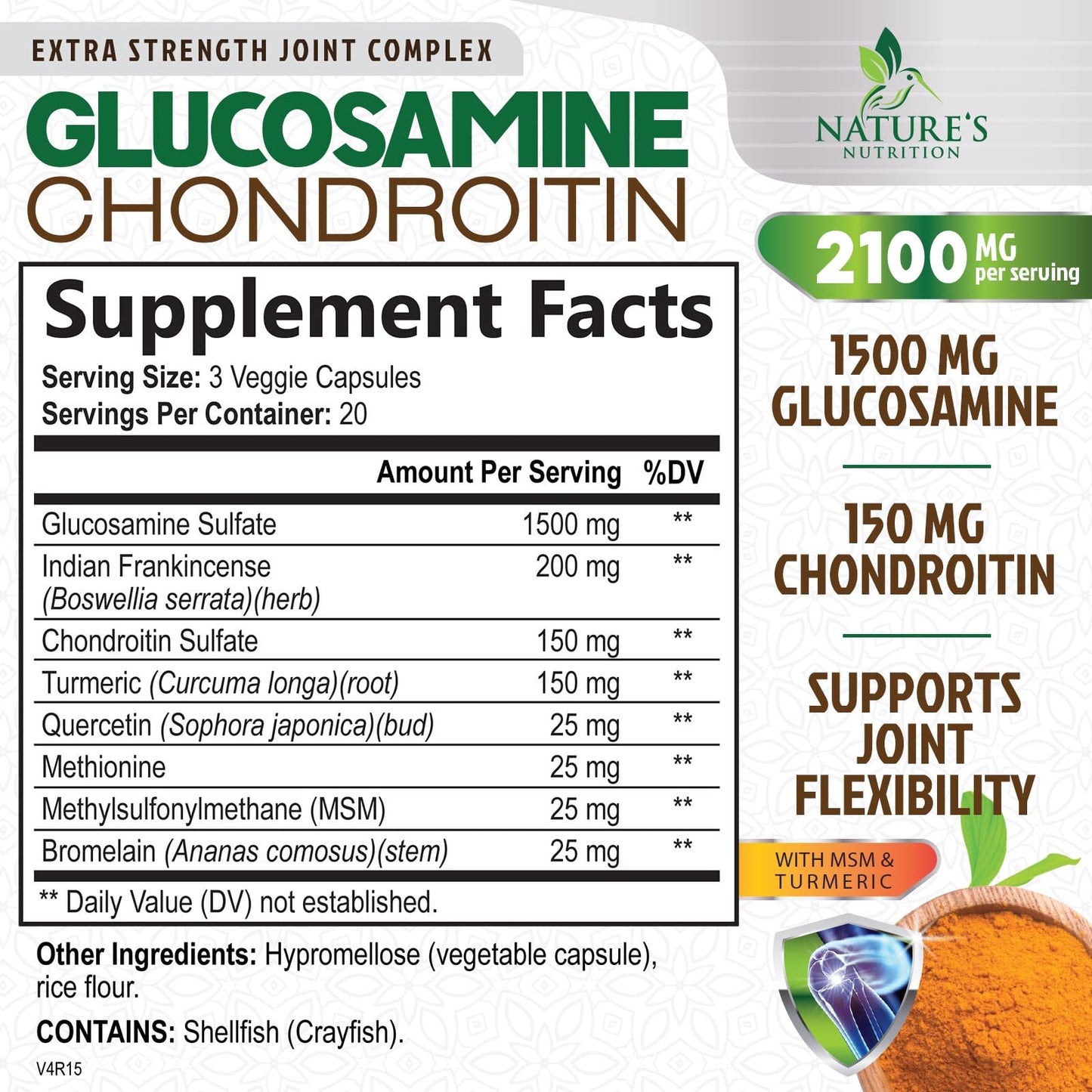 Glucosamine Chondroitin MSM 2100mg – 3x Strength Joint Support with Turmeric & Boswellia