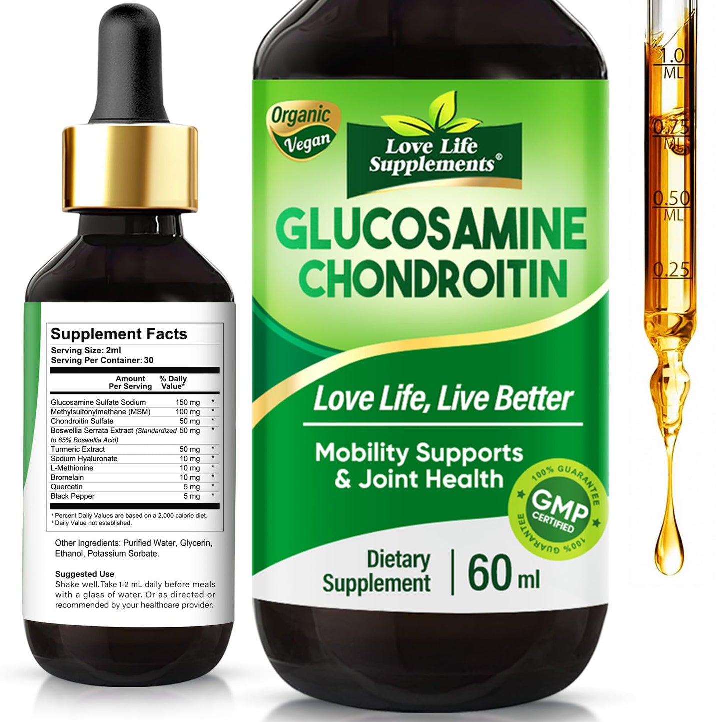 Love Life Supplements Glucosamine Chondroitin MSM Liquid Drops — High Absorption for Joints