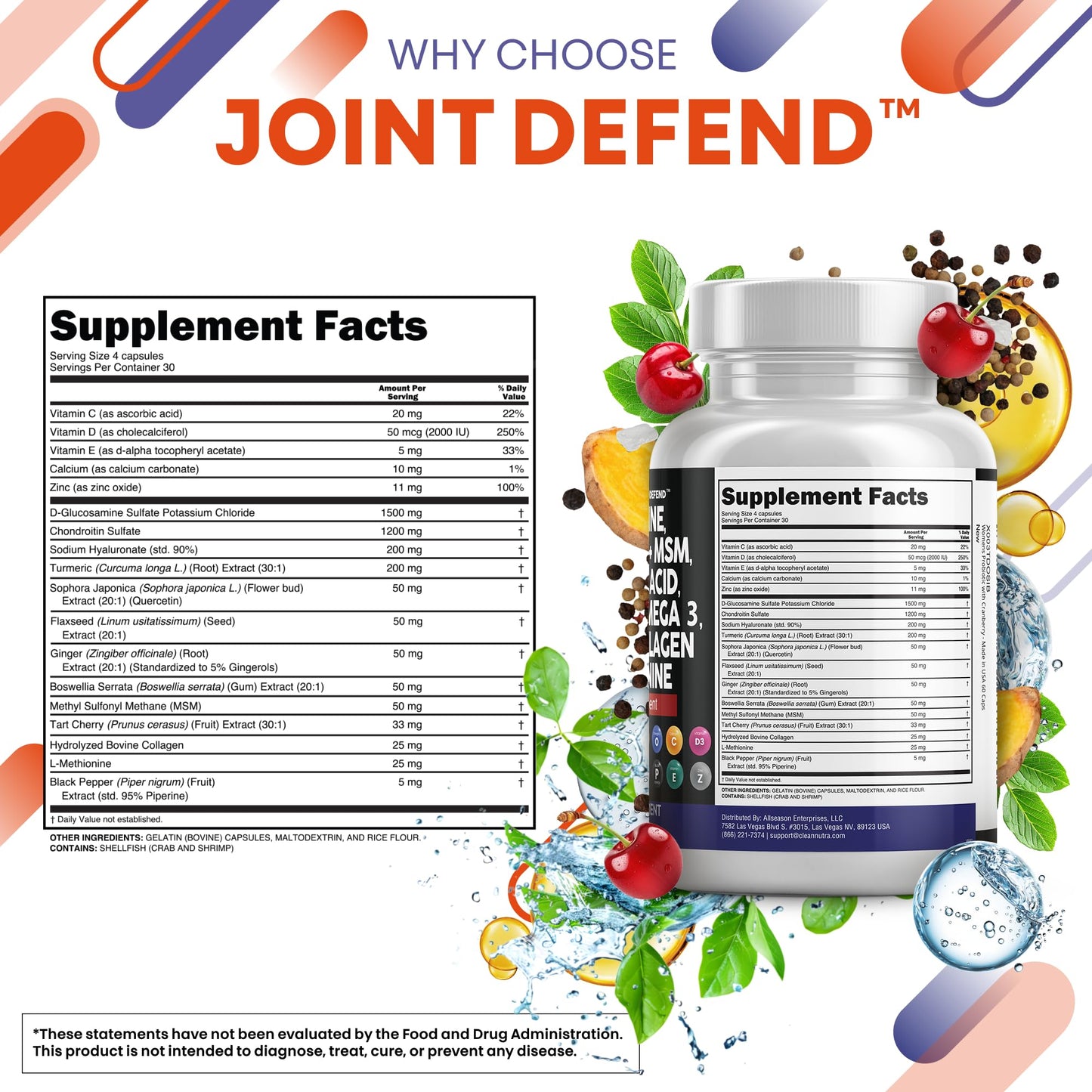 Clean Nutraceuticals Joint Defend – 15-in-1 Joint Health Capsule (Glucosamine 1500mg, Turmeric Curcumin, MSM, Collagen, Hyaluronic Acid, Omega-3) Pack of 2