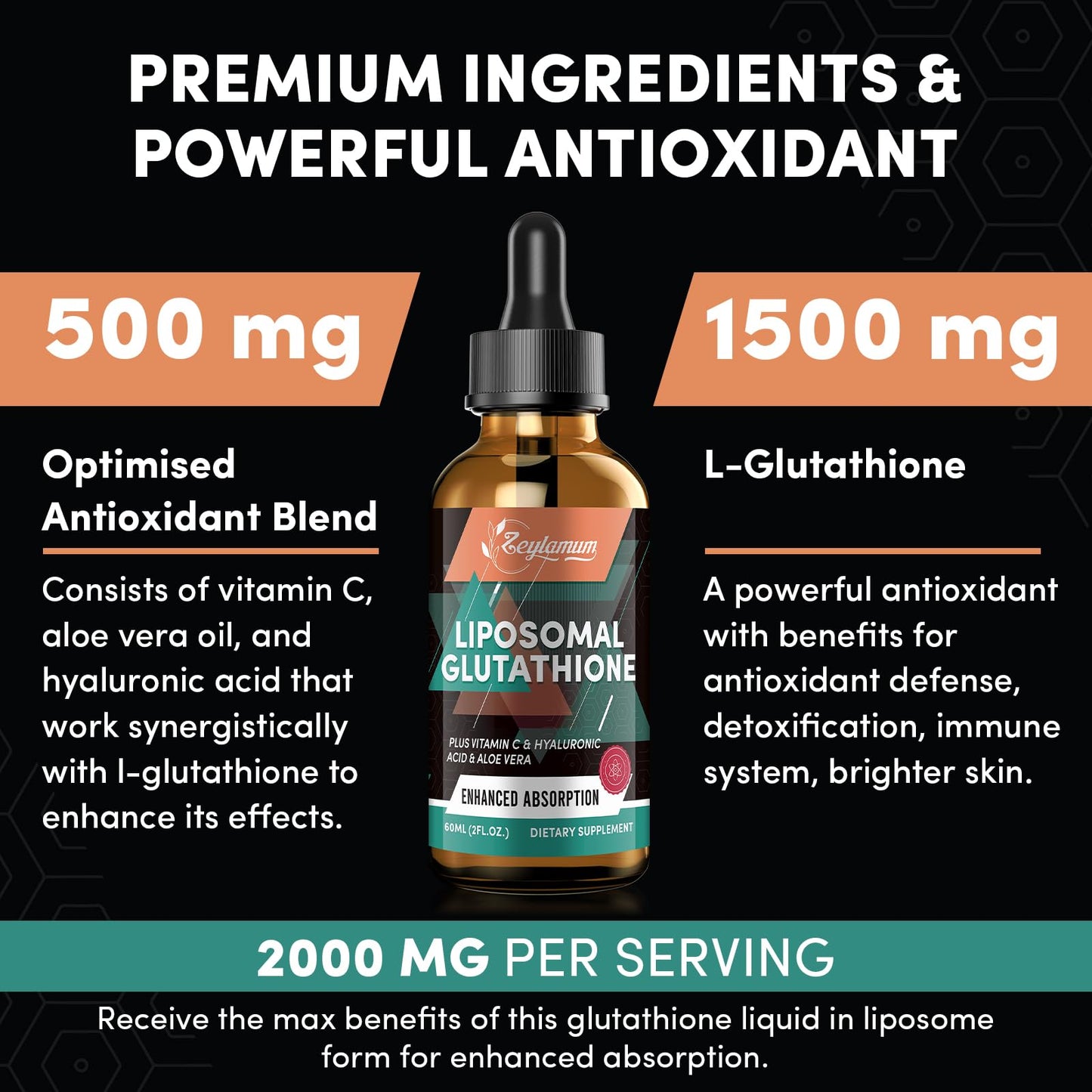 Zeylamum 2000MG Liposomal Glutathione Liquid Drops – Ultra-Absorption, Immune & Skin Support (12.12 oz)