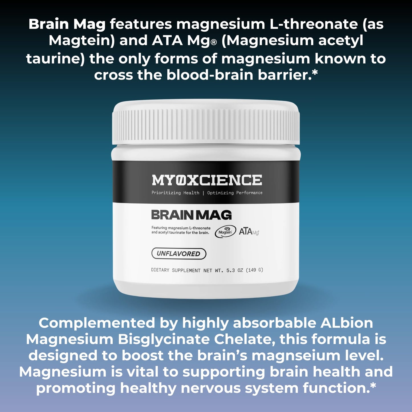 MYOXCIENCE Brain Mag | Magnesium L-Threonate Magtein & Magnesium Glycinate Powder (Unflavored) – 60 Servings