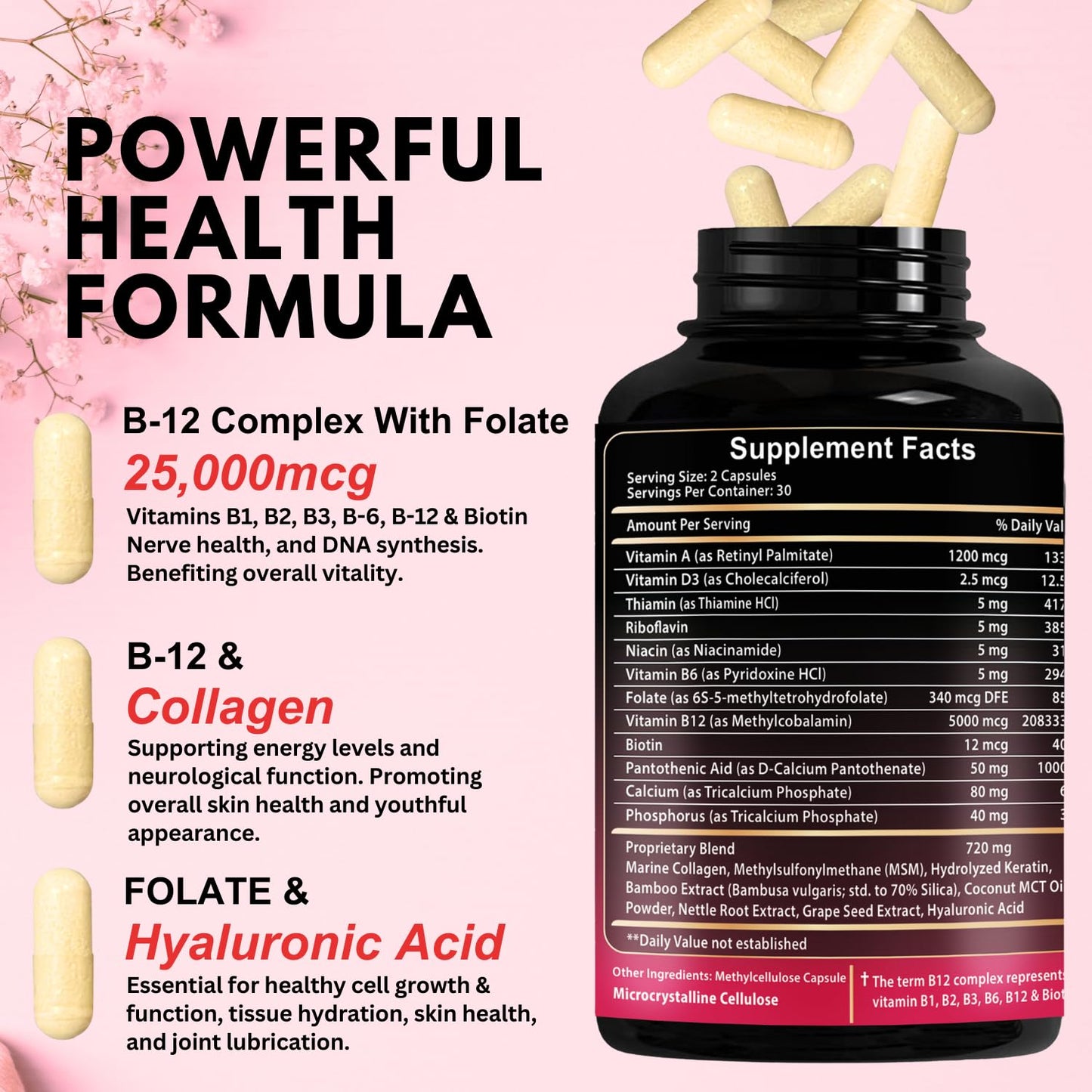 B12 25,000 mcg Complex with Hyaluronic Acid, Collagen & Folate – 60 Caps | USA Made