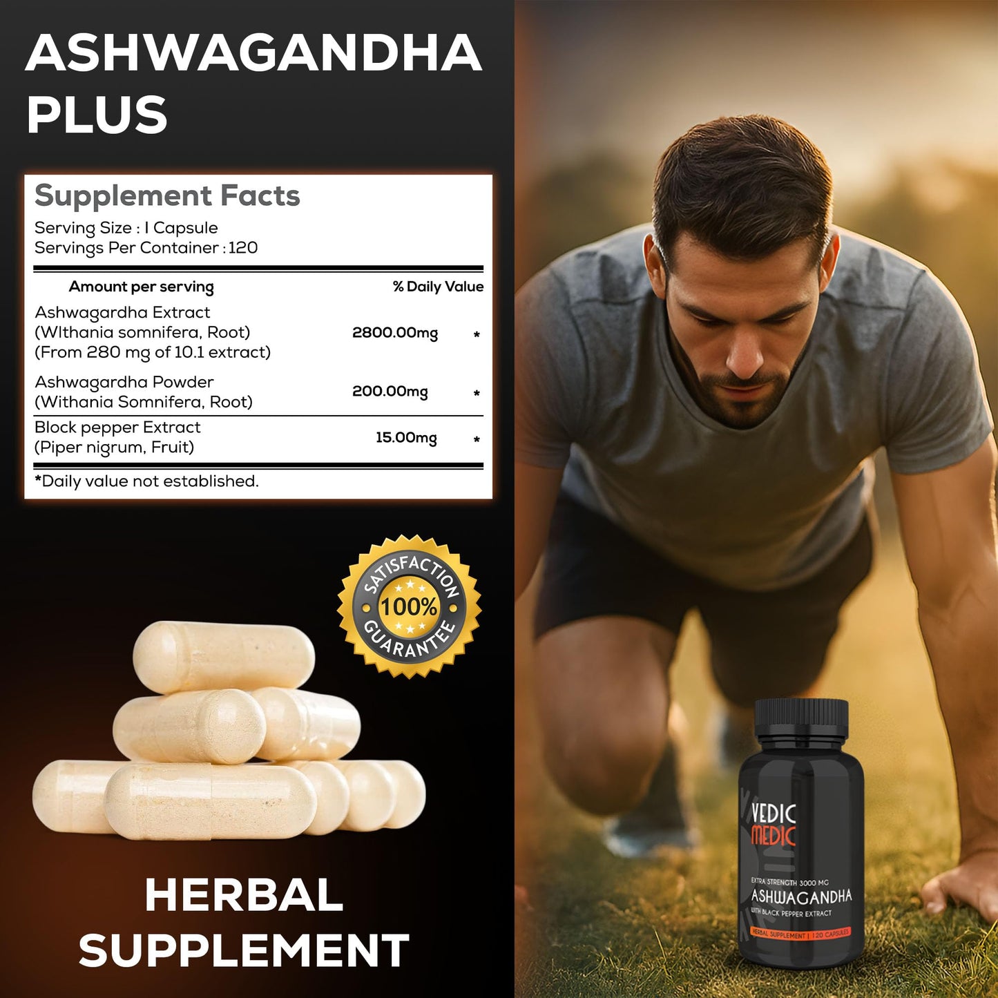 Vedic Medic Organic Ashwagandha Capsules Extra Strength 3000mg – Stress Relief, Mood & Energy Support (Vegan, Non-GMO)