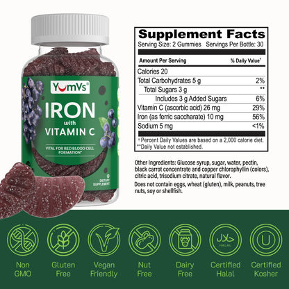 Iron Gummies with Vitamin C – 10 mg Iron, Grape Flavor (60 Count) – Vegan, Kosher, Non-GMO