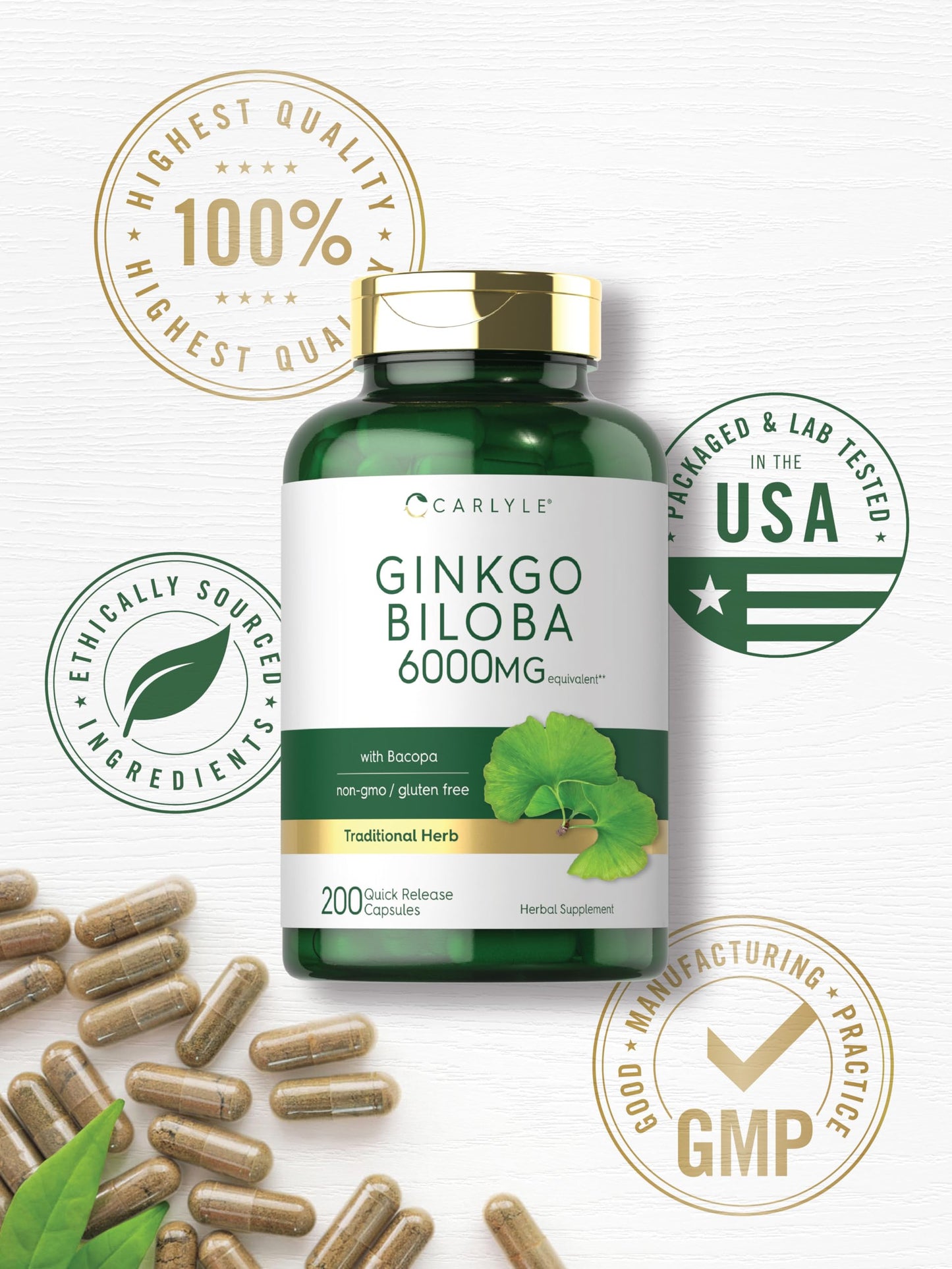 Carlyle Ginkgo Biloba Pills – 6000mg per Serving | 200 Capsules | Bacopa Extract | Extra Strength, Non-GMO & Gluten Free