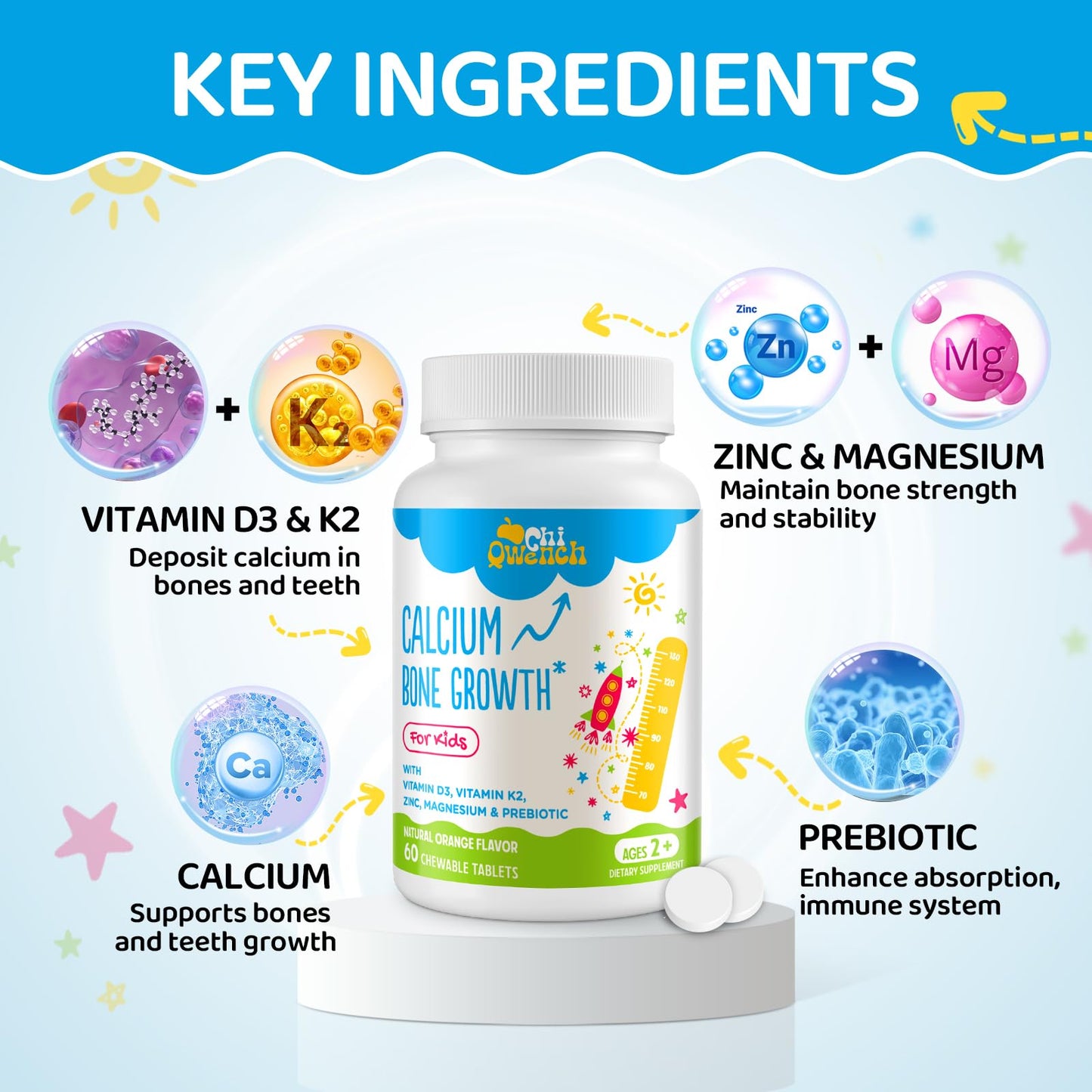 ChiQwench 500 mg Calcium + D3 & K2 with Zinc, Magnesium & Prebiotics – Orange Chewables for Kids’ Bone Health, Gluten Free, 120 Tabs