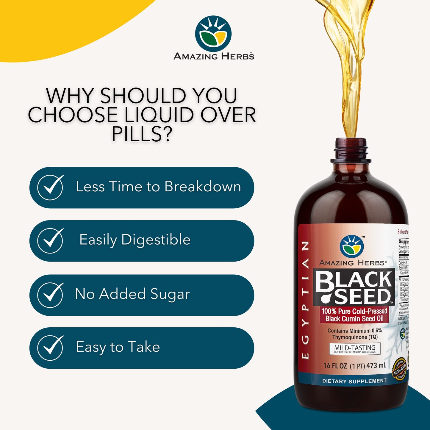 Amazing Herbs Egyptian Black Seed Oil - Gluten Free, Non-GMO, Cold-Pressed Nigella Sativa 16 oz