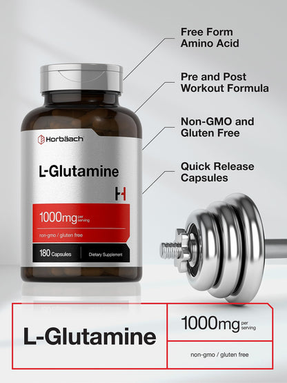 Horbaach L-Glutamine Capsules 1000mg – 180 Count | Non-GMO & Gluten Free | Pre & Post Workout