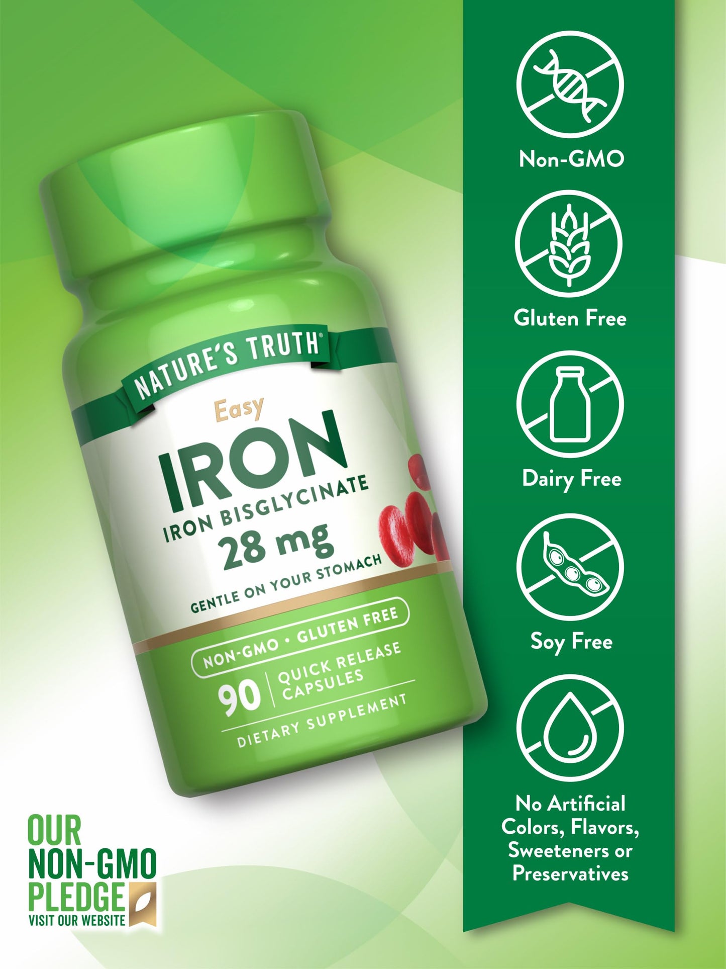 Nature's Truth Iron Supplement for Women & Men | 28 mg Iron Bisglycinate | 90 Capsules Pack of 2 | Non-GMO, Gluten Free