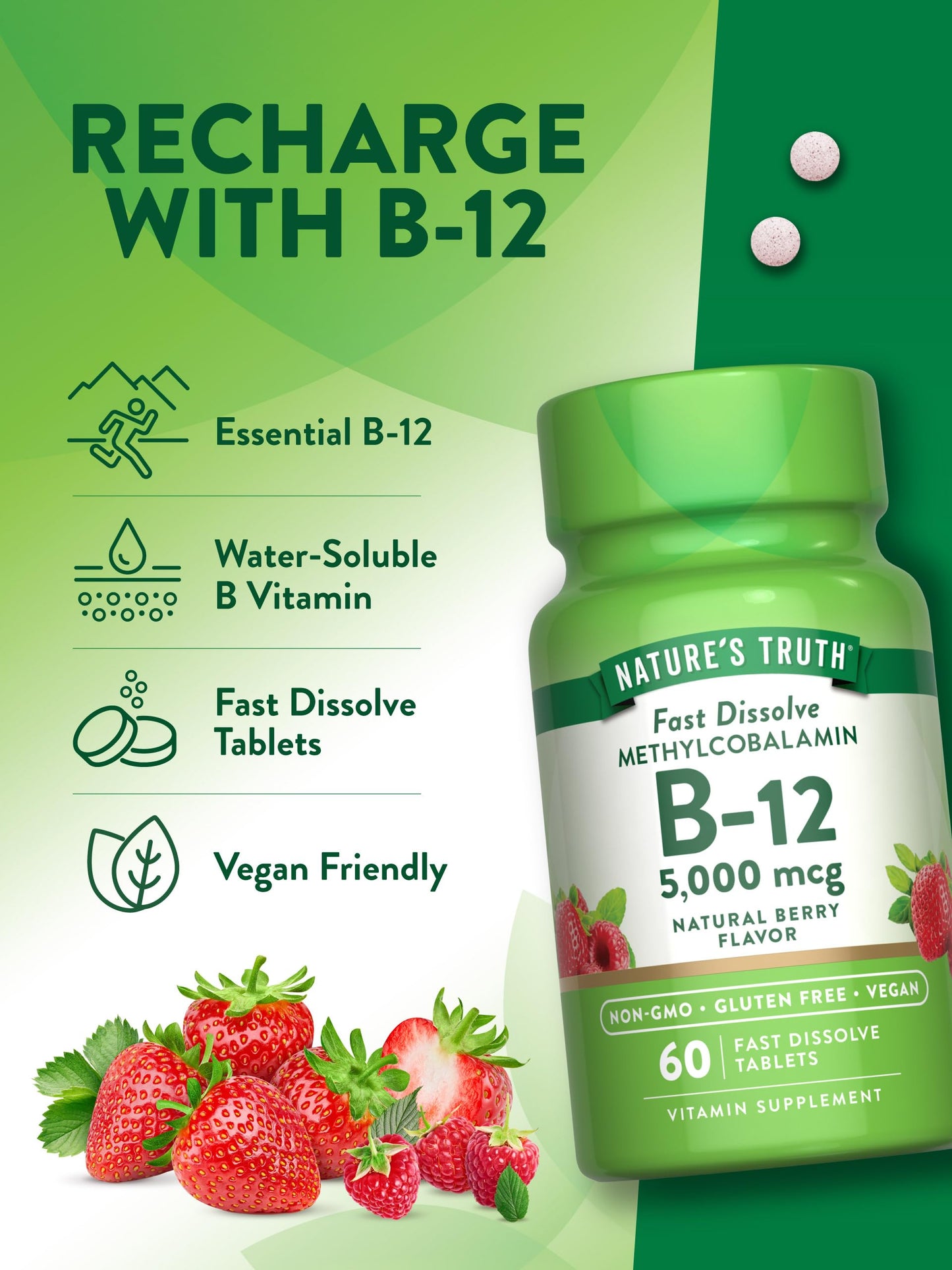 Nature's Truth B12 Vitamin 5000 mcg - 60 Tablets - Fast Dissolve Berry Flavor - Vegan, Non-GMO & Gluten-Free