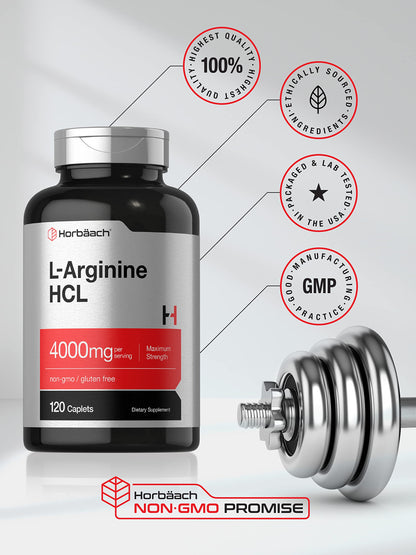Horbäach L-Arginine 4000mg – 120 Caplets | Nitric Oxide Precursor for Men & Women | Vegetarian, Non-GMO, Gluten Free