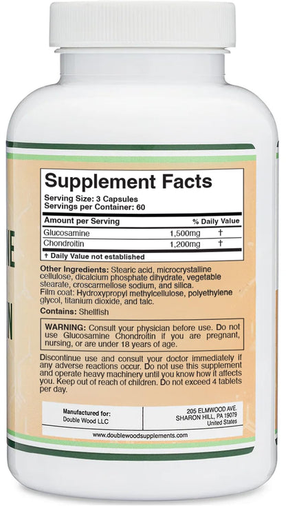 Glucosamine Chondroitin Triple Strength 1500/1200mg – 180 Tablets | Gluten Free, Non-GMO | Double Wood