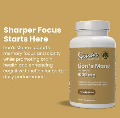 Sanar Naturals Lion's Mane Supplement – Brain Function, Memory & Immune Support, 120 Capsules