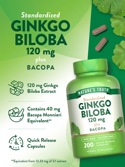 Nature's Truth Ginkgo Biloba 120mg with Bacopa – 200 Quick Release Capsules | Standardized Extract, Non-GMO & Gluten Free