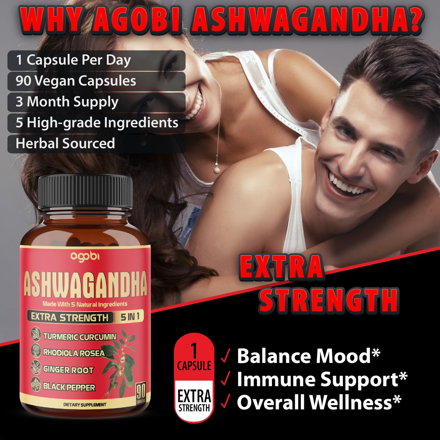 90 Capsules Ashwagandha Supplement with Ginger Root, Turmeric, Rhodiola Rosea & Black Pepper