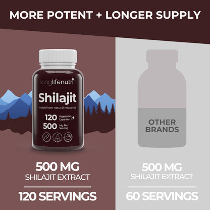 Shilajit Pure Himalayan Extract 500mg | 15% Fulvic Acid, 120 Vegetarian Capsules