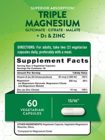 Nature's Truth Triple Magnesium Complex - 60 Capsules | Glycinate, Citrate & Malate + D3 & Zinc