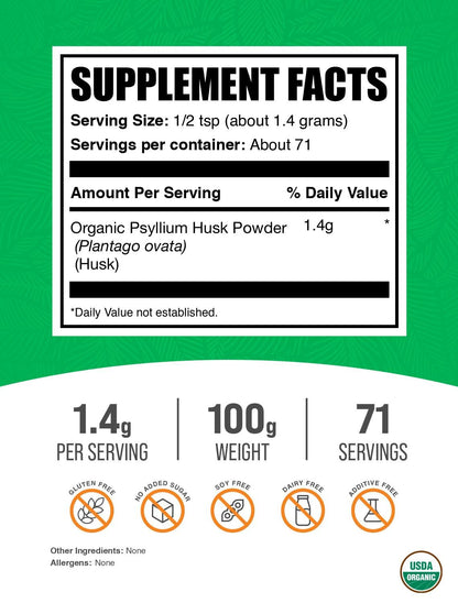 Organic Psyllium Husk Powder 100g - Gluten Free Fiber Supplement | BulkSupplements