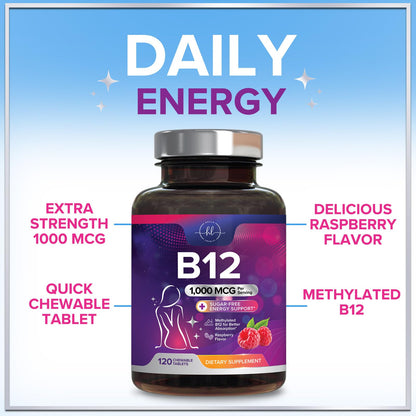 Hello Lovely! B12 Vitamin Chewables 1000 mcg - Energy & Immune Support - Gluten & Sugar Free (120 Chewables)
