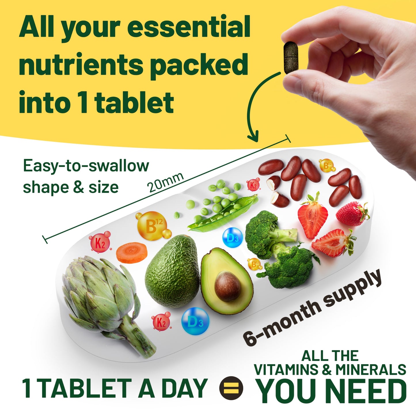 Vegan Vitality Multivitamins for Women & Men | High-Strength B12 D3 K2 | 180 Tablets (6 Months)