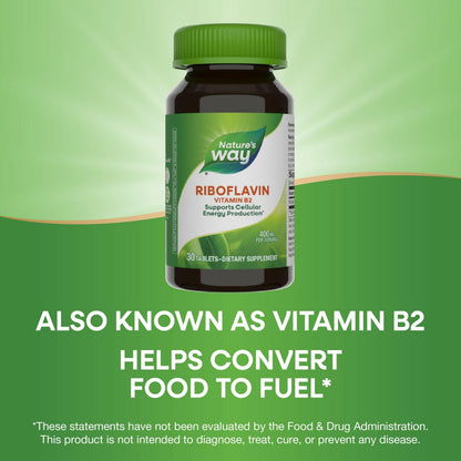 Nature's Way Riboflavin Vitamin B2, Supports Cellular Energy Production*, Vegan, 30 Tablets (Packaging May Vary)