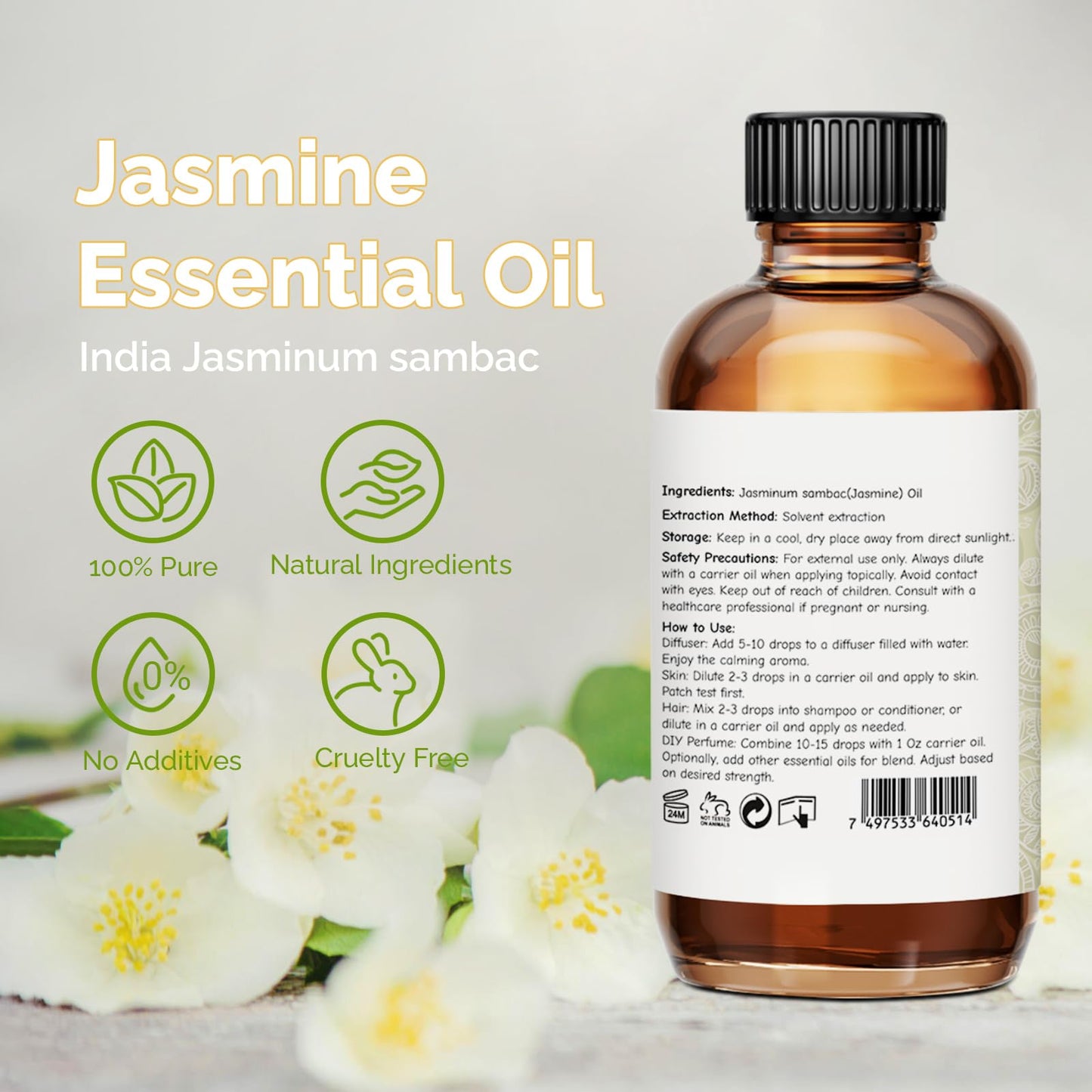 GM Gumili Jasmine Essential Oil 2 Oz - 100% Pure Jasmine Oil for Diffuser & Skin