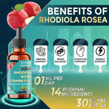 Tenmido 14in1 Rhodiola Rosea Tincture – Ashwagandha, Lion's Mane, Magnesium Glycinate/Citrate/Malate, L-Theanine & SAMe | 30ml